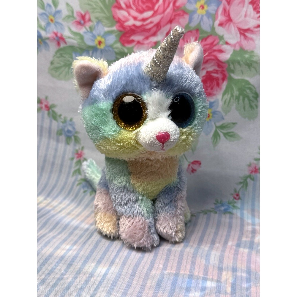 TY Beanie Boo Heather Kittycorn Cat Unicorn Pastel‎ Plush 6" Sparkle Eyes